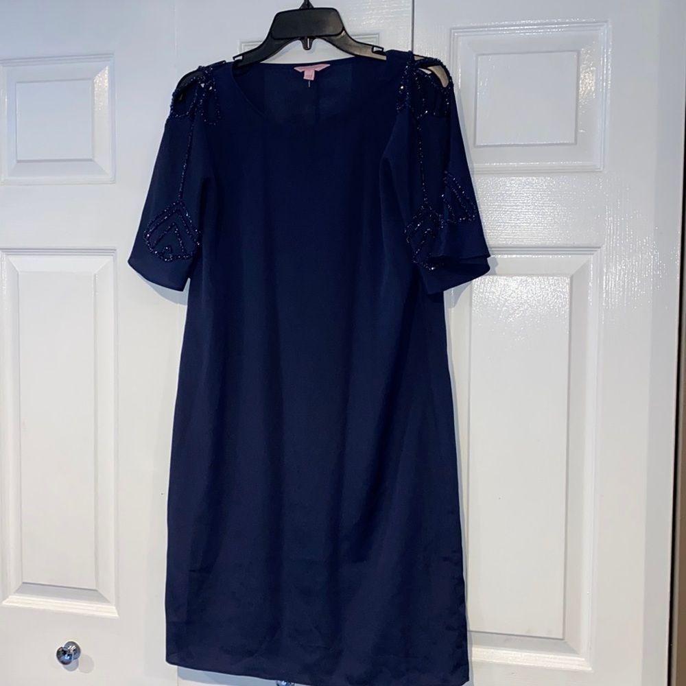 Lilly Pulitzer size small navy dress w beaded should accents
